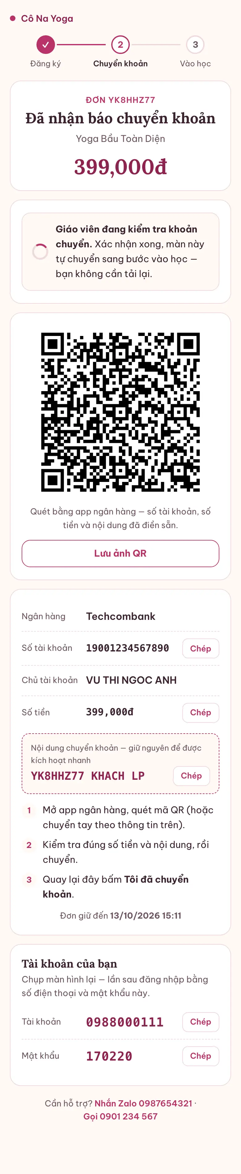 Trên điện thoại, sau khi bấm Tôi đã chuyển khoản: tiêu đề Đã nhận báo chuyển khoản, vòng xoay Giáo viên đang kiểm tra khoản chuyển, khung Tài khoản của bạn ở cuối